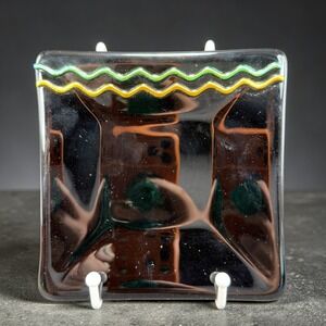 Black Fused Glass Art Plate Square Trinket Dish Green Yellow Wavy Dichroic Dish